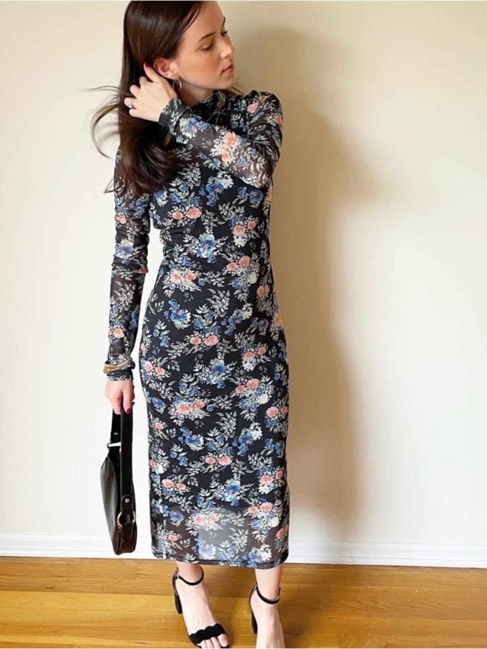 NWOT Wayf Black Floral Midi Dress, size XS ruched turtleneck separate slip boho